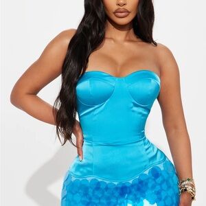Strapless Satin Bustier Dress in Bright Turquoise